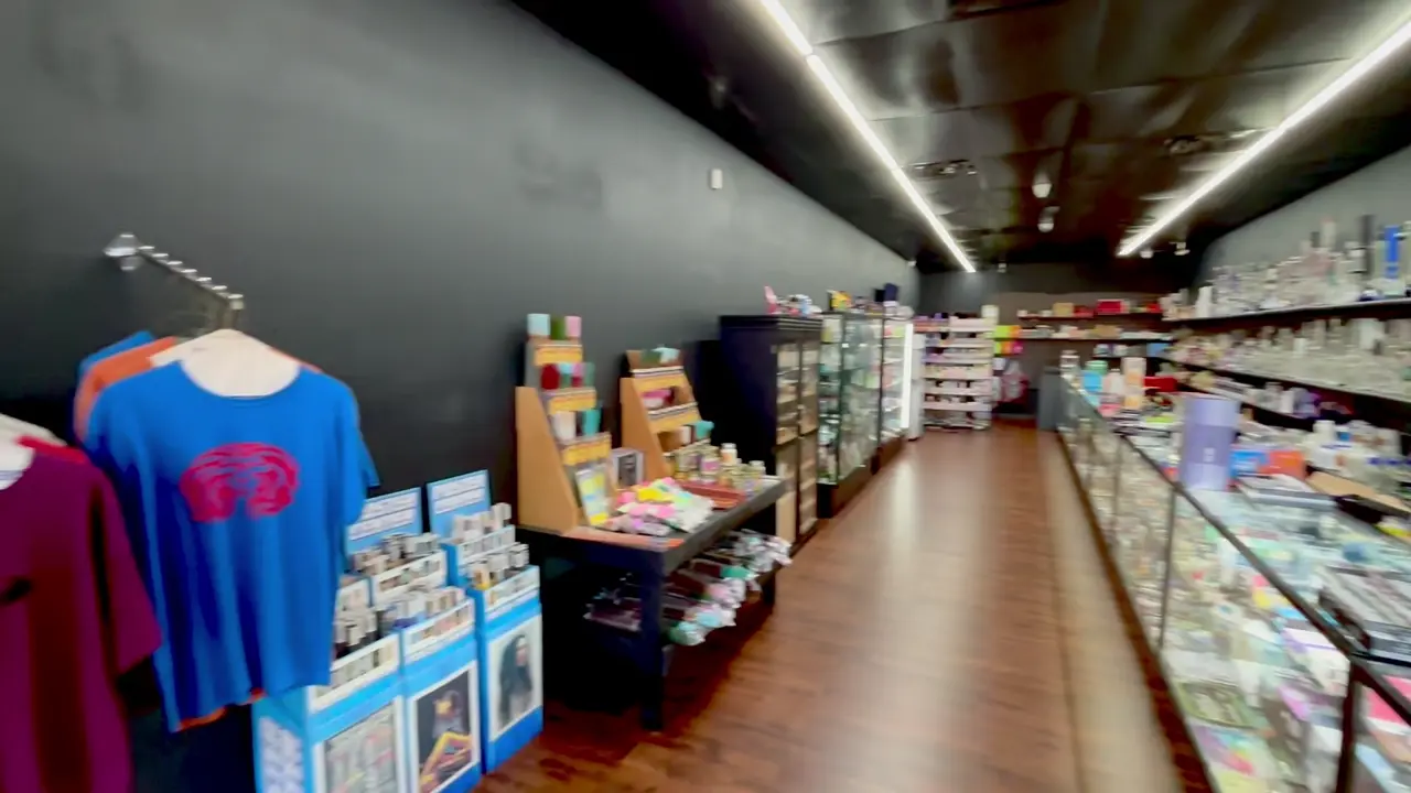A view through the shop's illuminated aisles
